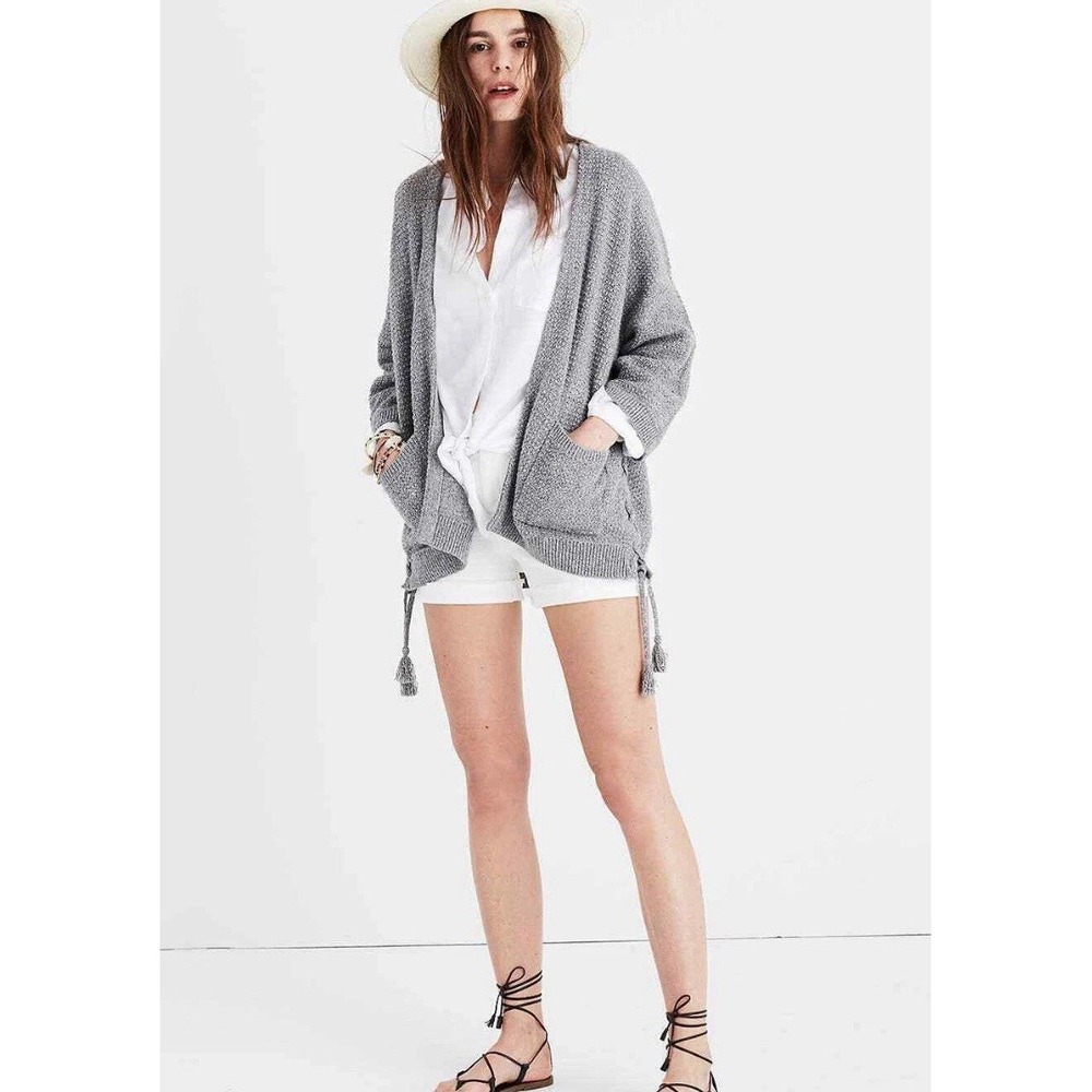 Madewell Side Lace Cardigan Sweater Gray Open Front Tassel XS